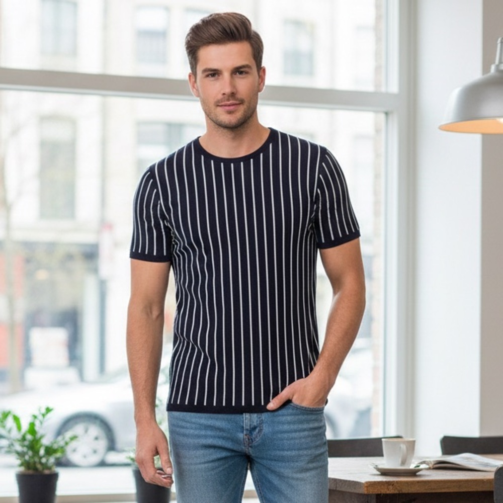 ZARA MAN navy/white striped knit tshirt size M